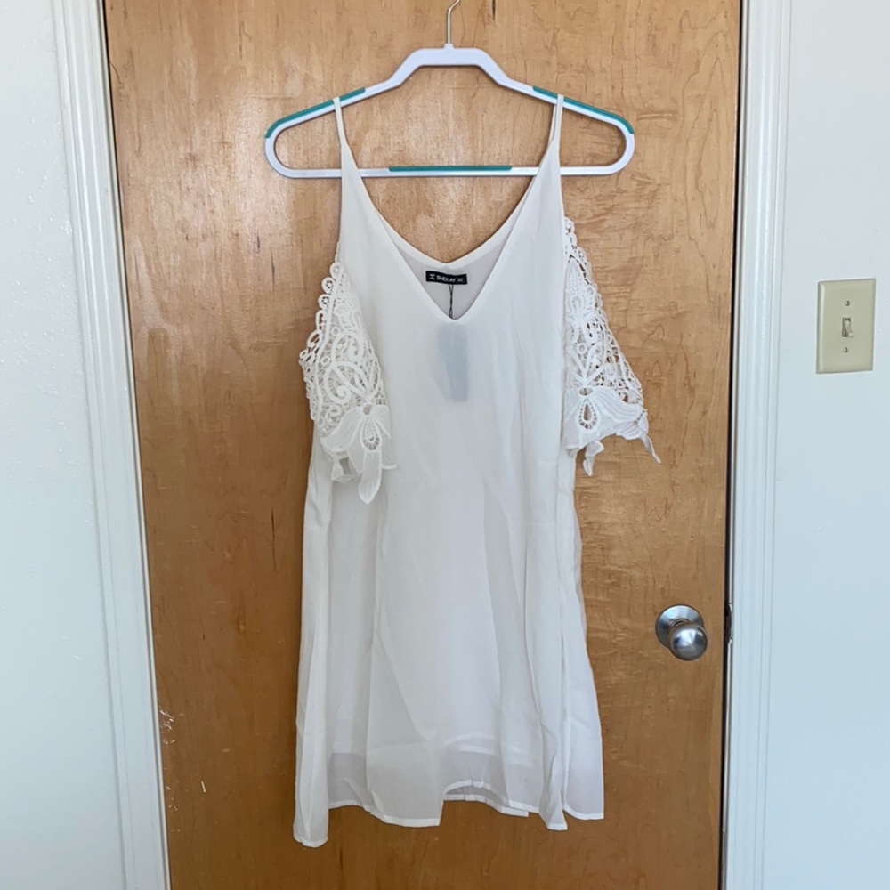 Cold-shoulder, white cocktail dress